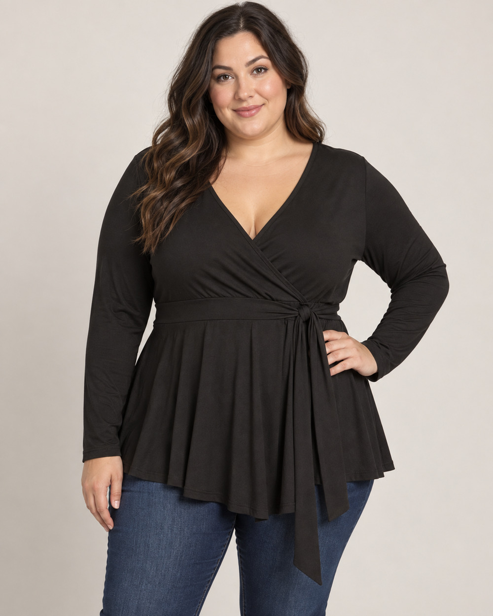 Women’s 3X Black Wrap Peplum Top Long Sleeve Stretch Tie Waist Plus Size